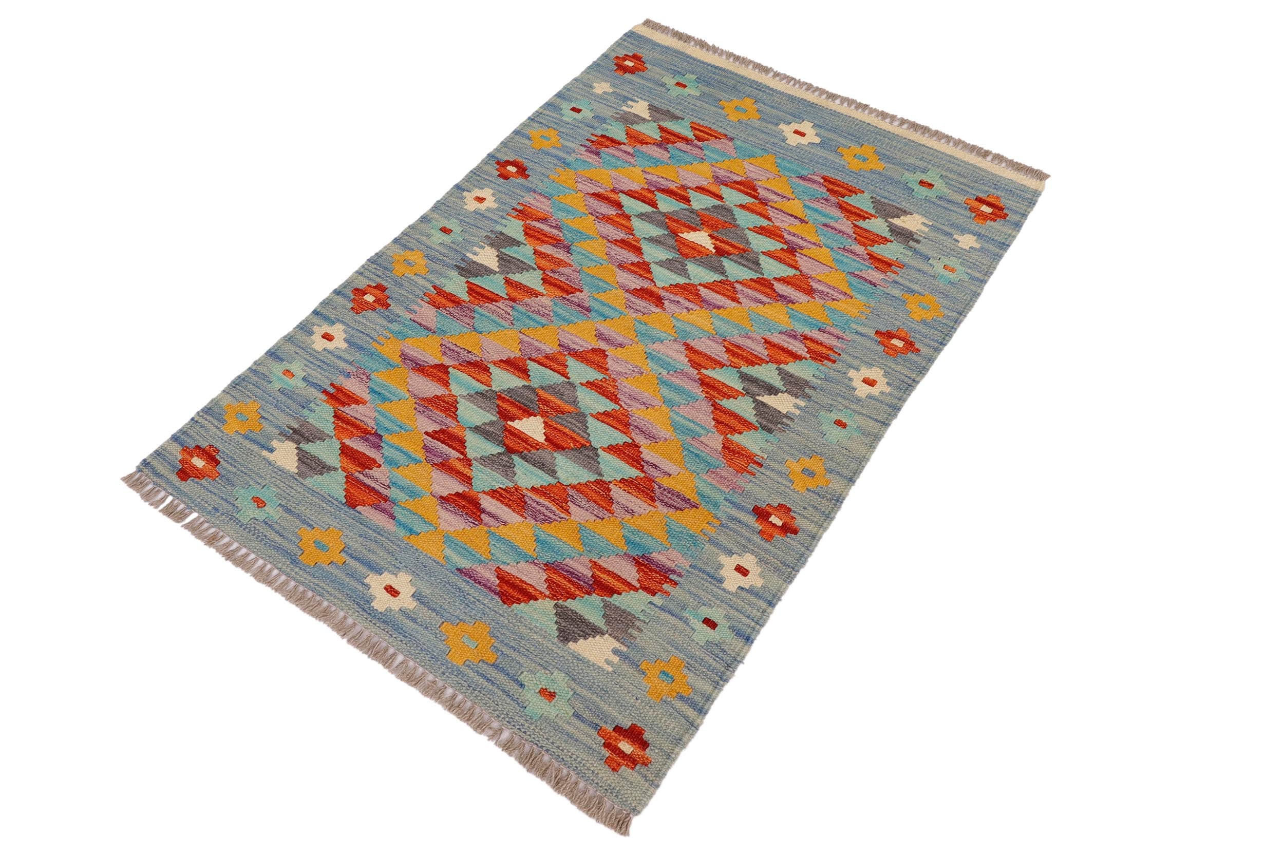 handmade Geometric Kilim Blue Rust Hand-Woven RECTANGLE 100% WOOL area rug 2' x 3'