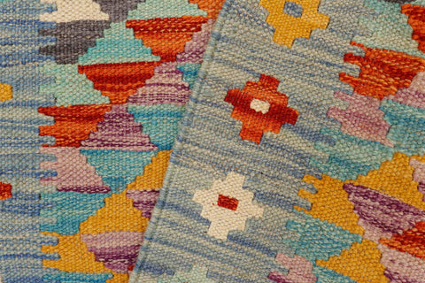 handmade Geometric Kilim Blue Rust Hand-Woven RECTANGLE 100% WOOL area rug 2' x 3'