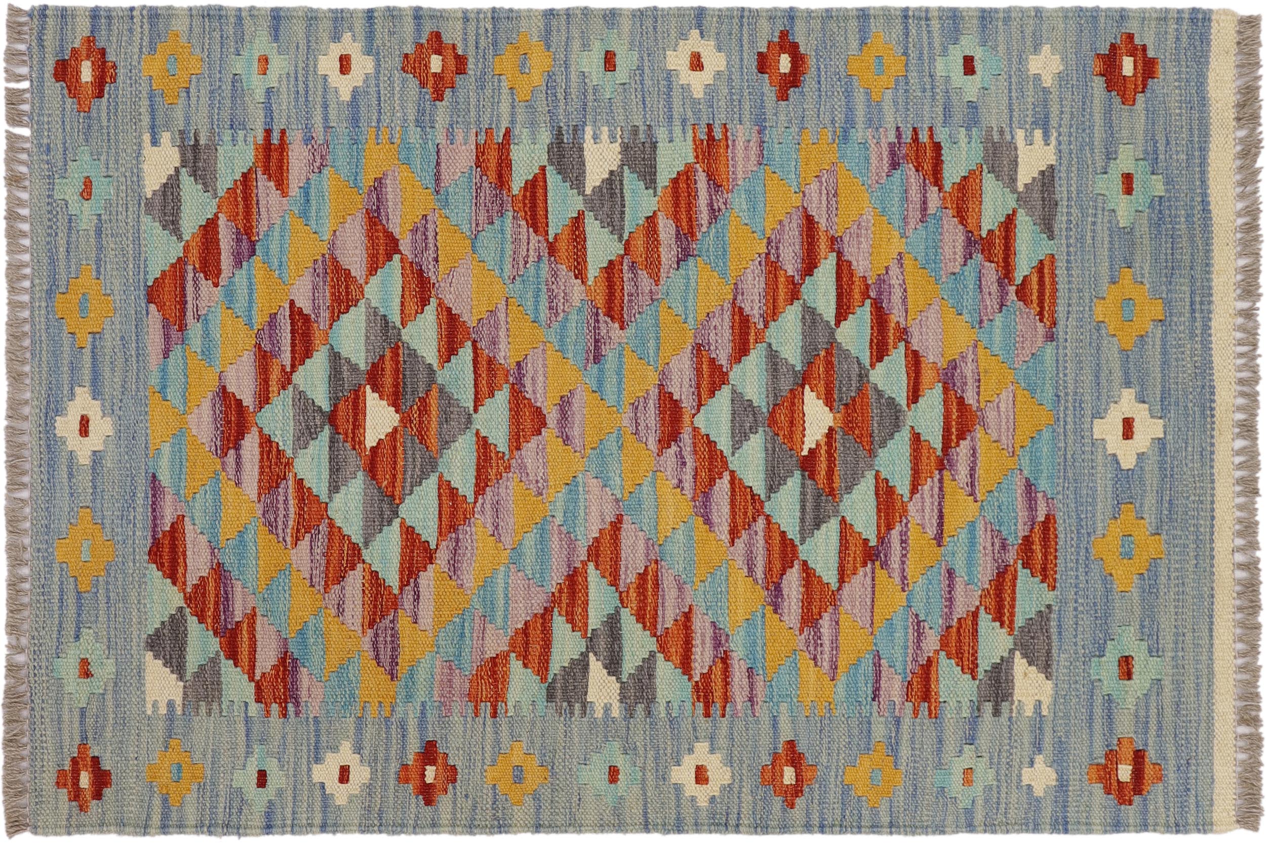 handmade Geometric Kilim Blue Rust Hand-Woven RECTANGLE 100% WOOL area rug 2' x 3'