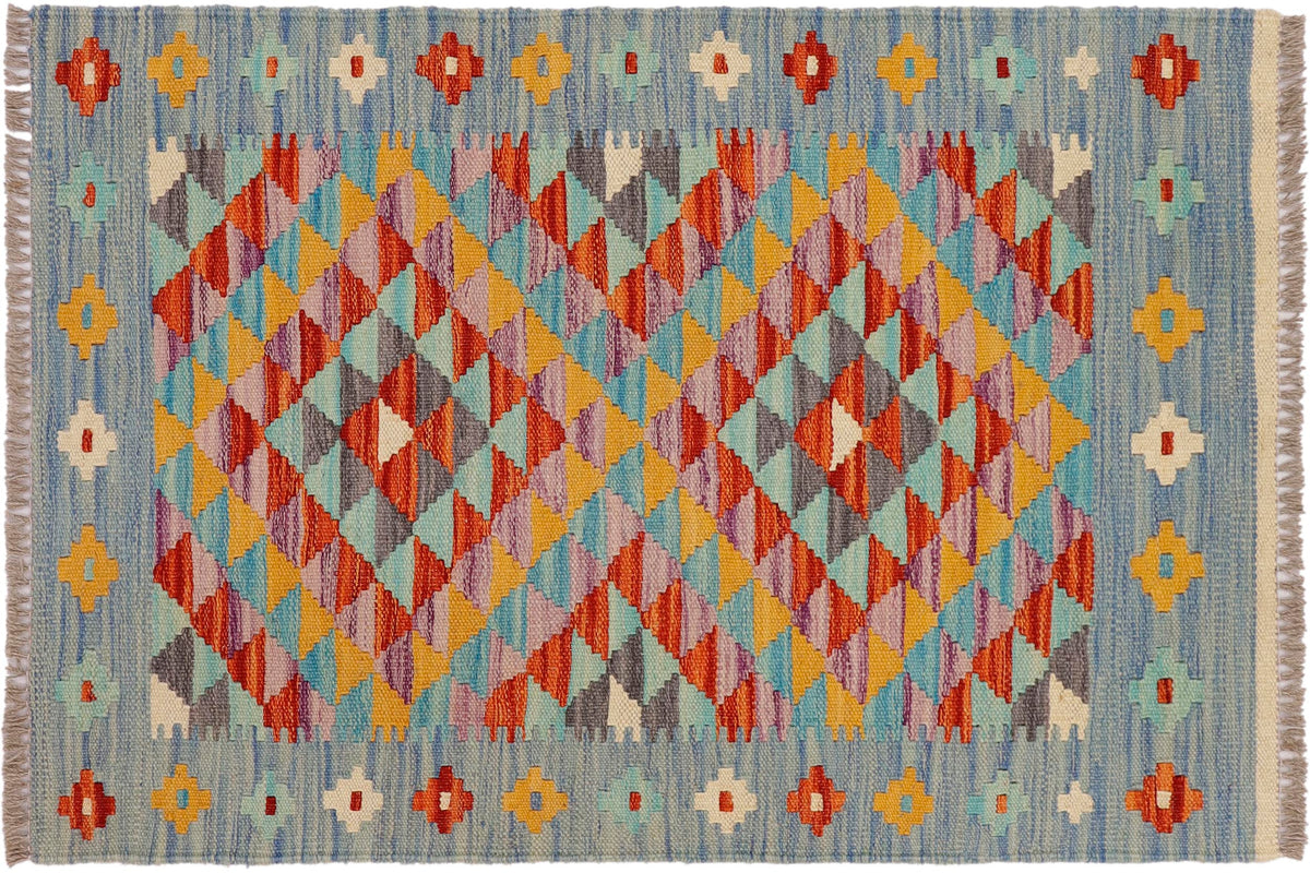 handmade Geometric Kilim Blue Rust Hand-Woven RECTANGLE 100% WOOL area rug 2' x 3'