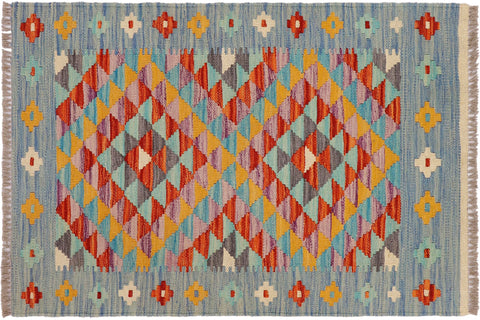 handmade Geometric Kilim Blue Rust Hand-Woven RECTANGLE 100% WOOL area rug 2' x 3'