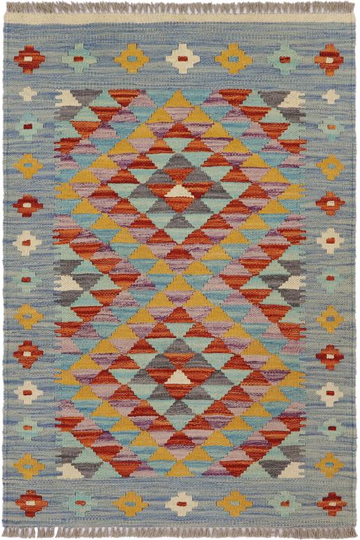 Flat Weave Kilim Antique Navaho Vintage handmade Geometric Kilim Blue Rust Hand-Woven Rectangle 100% Wool Area Rug 2x3 
