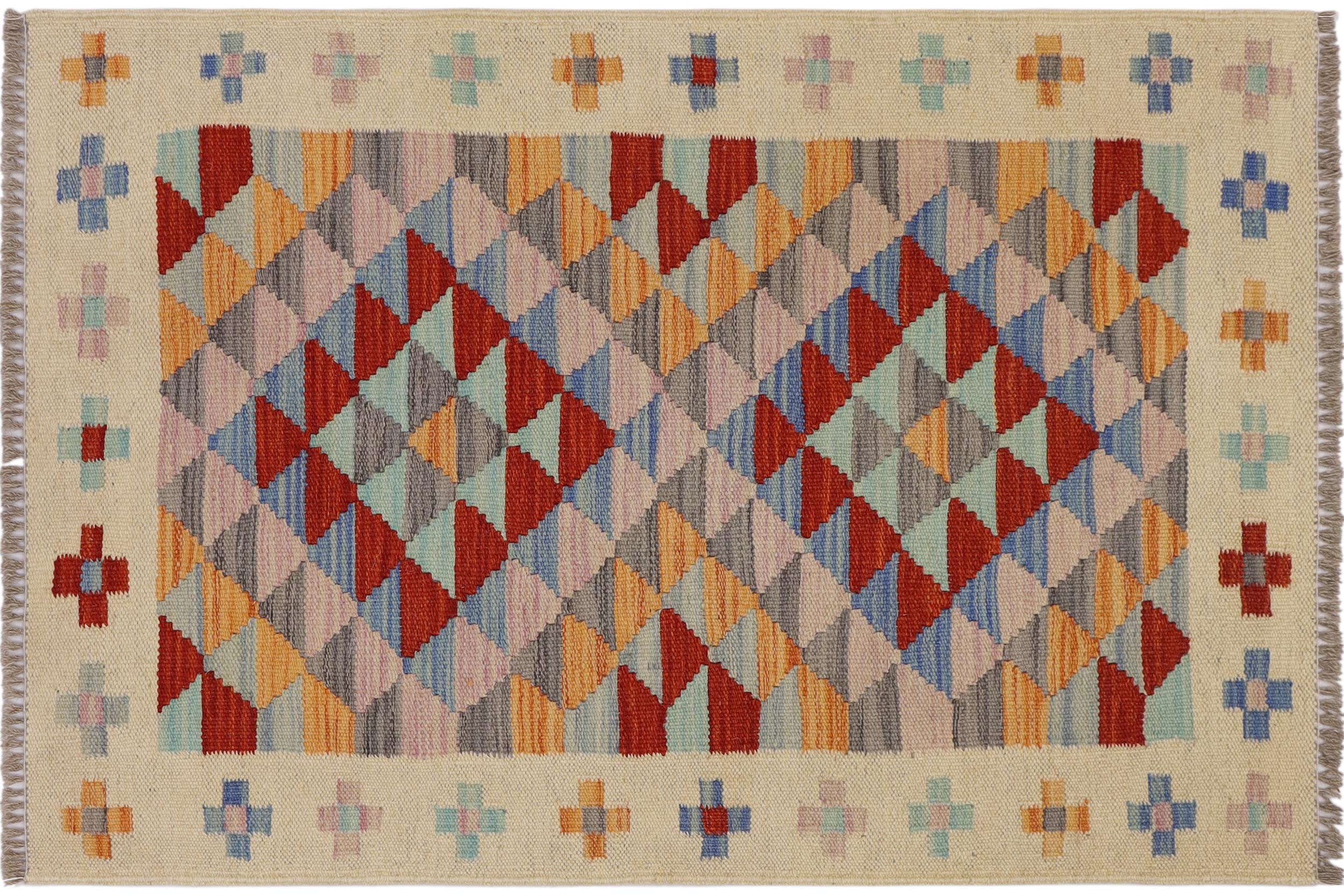 handmade Geometric Kilim Beige Red Hand-Woven RECTANGLE 100% WOOL area rug 2' x 3'