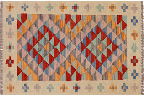 handmade Geometric Kilim Beige Red Hand-Woven RECTANGLE 100% WOOL area rug 2' x 3'