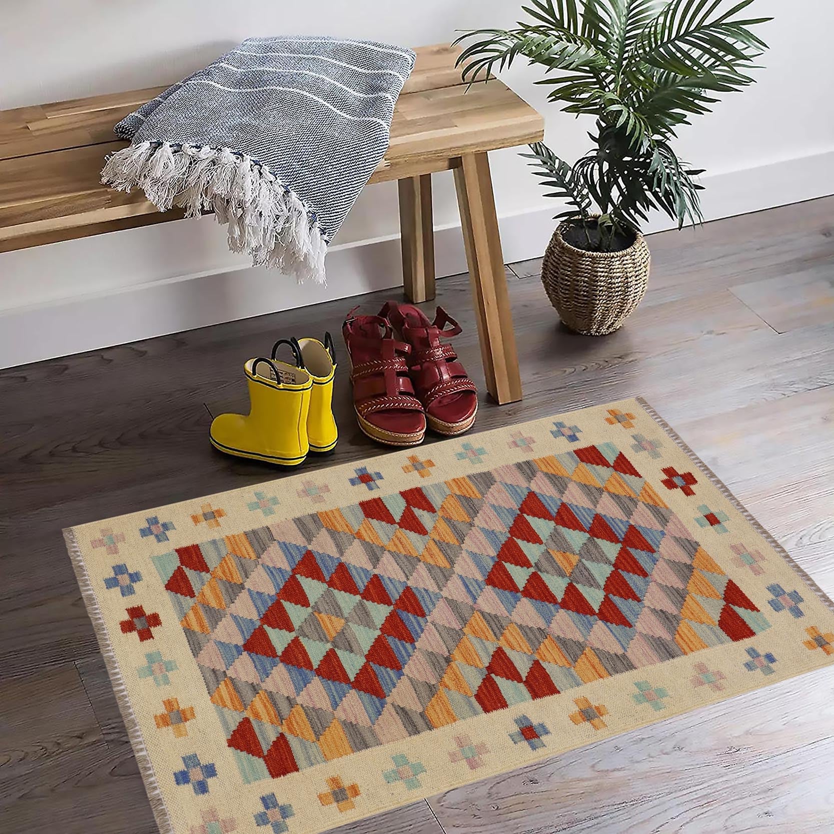 handmade Geometric Kilim Beige Red Hand-Woven RECTANGLE 100% WOOL area rug 2' x 3'