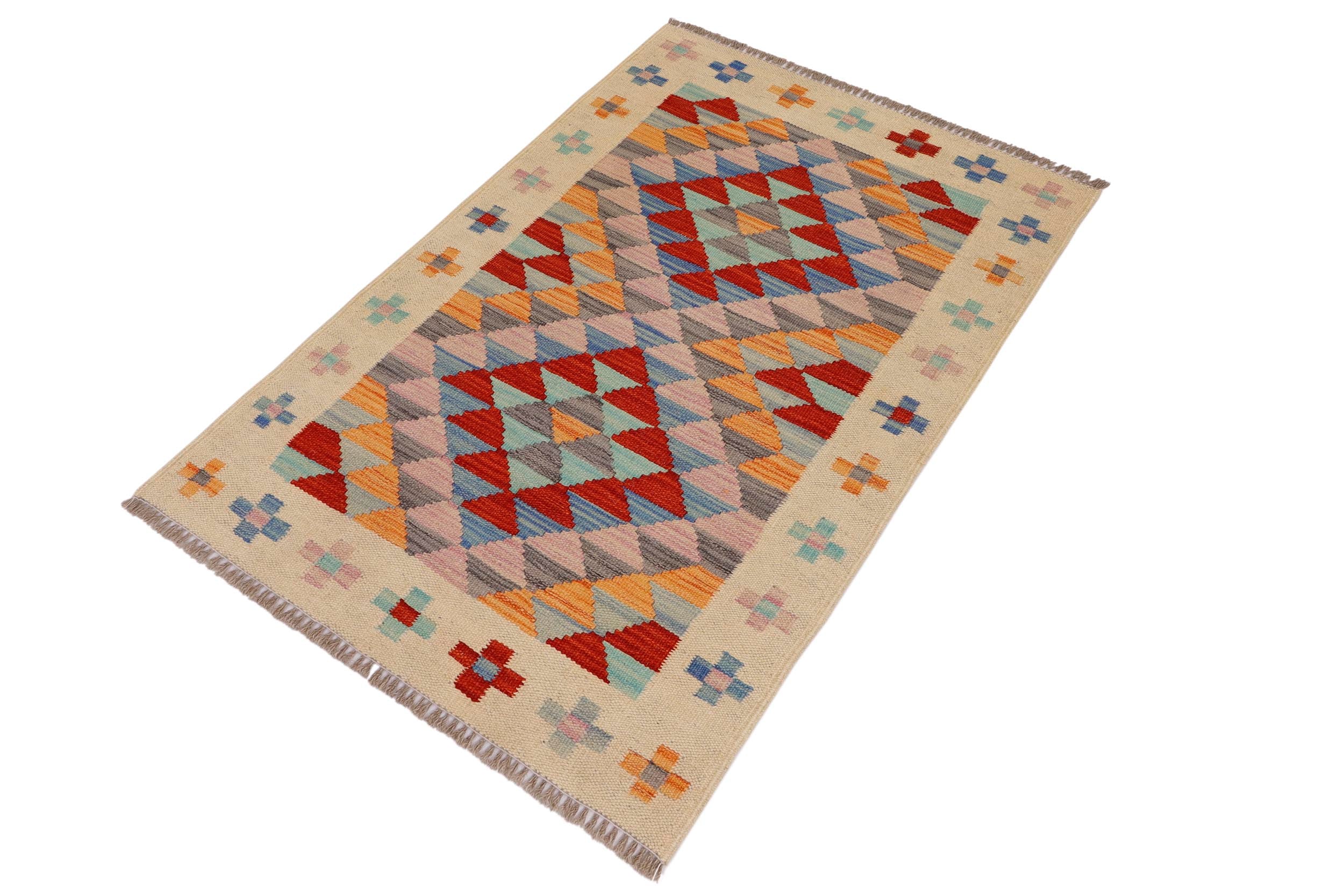 handmade Geometric Kilim Beige Red Hand-Woven RECTANGLE 100% WOOL area rug 2' x 3'