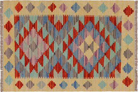 handmade Geometric Kilim Gold Rust Hand-Woven RECTANGLE 100% WOOL area rug 2' x 3'