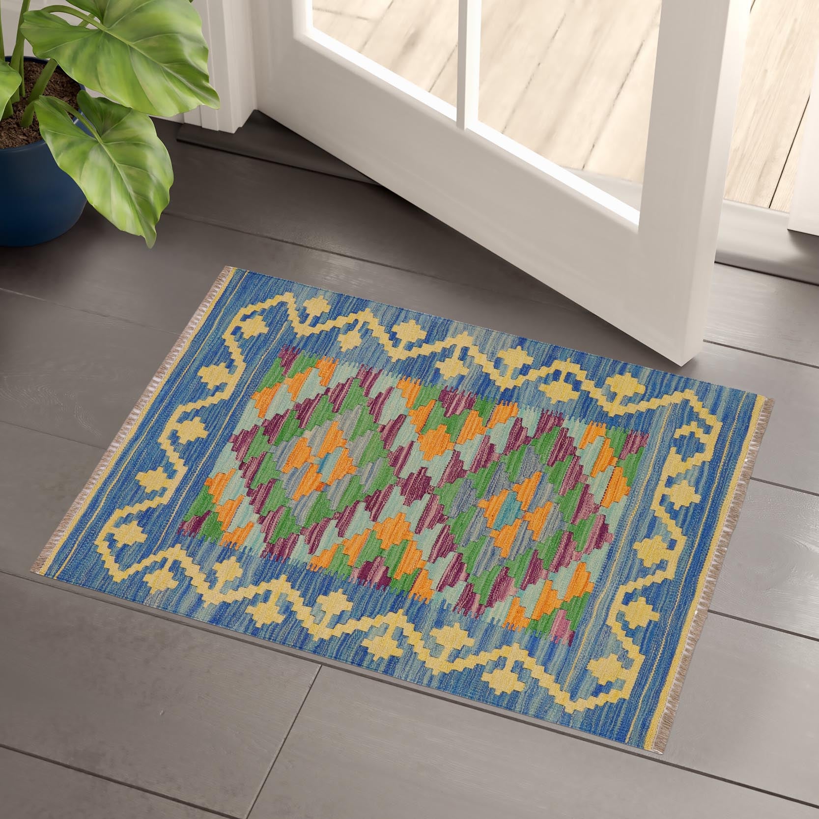 handmade Geometric Kilim Blue Gold Hand-Woven RECTANGLE 100% WOOL area rug 2' x 3'