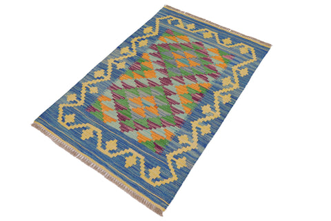 handmade Geometric Kilim Blue Gold Hand-Woven RECTANGLE 100% WOOL area rug 2' x 3'