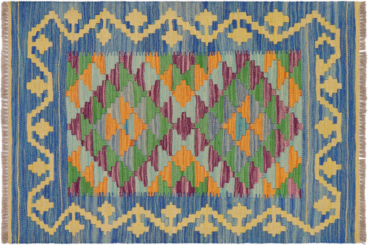 handmade Geometric Kilim Blue Gold Hand-Woven RECTANGLE 100% WOOL area rug 2' x 3'