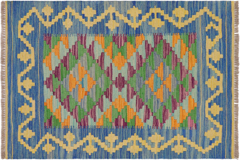 handmade Geometric Kilim Blue Gold Hand-Woven RECTANGLE 100% WOOL area rug 2' x 3'
