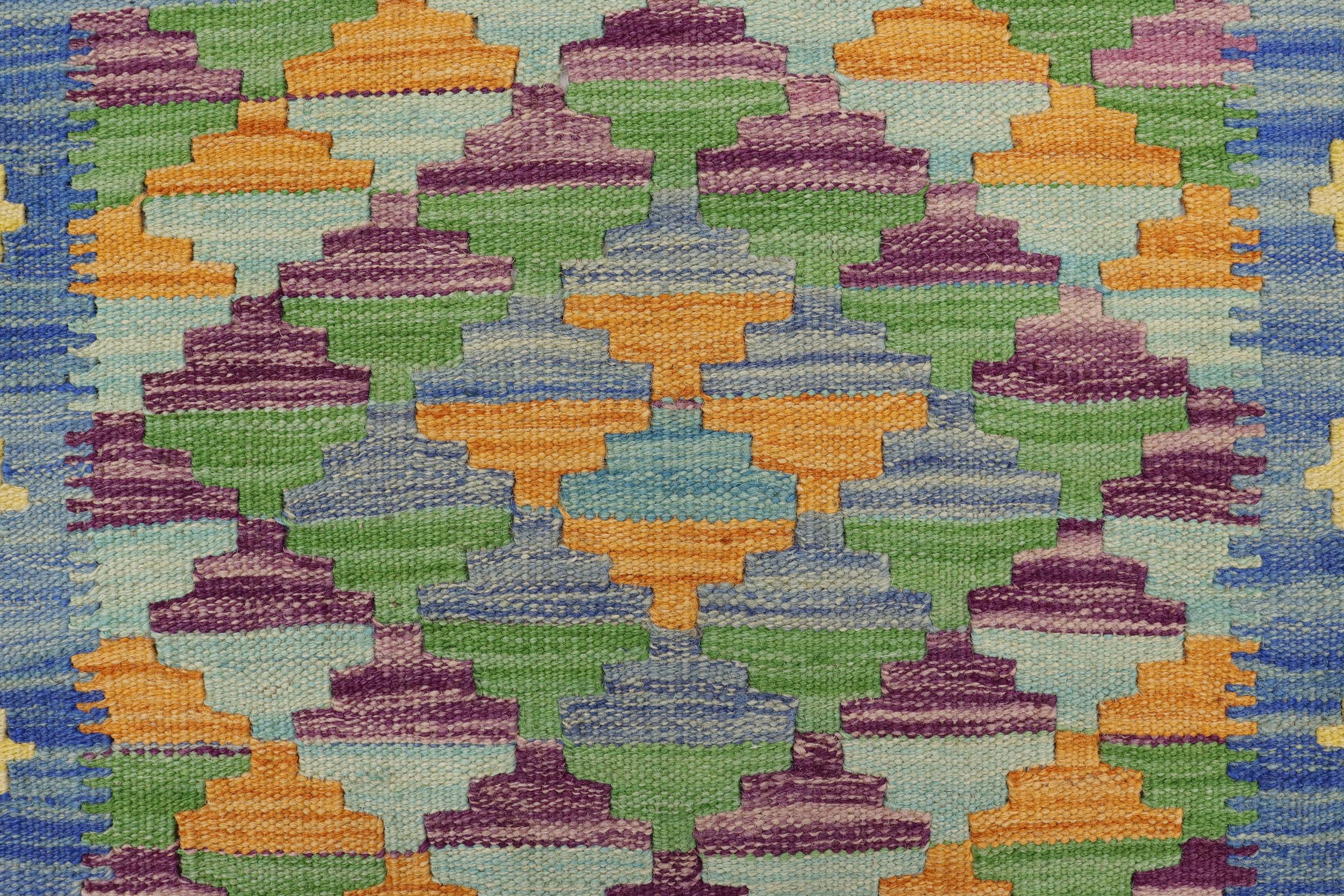 handmade Geometric Kilim Blue Gold Hand-Woven RECTANGLE 100% WOOL area rug 2' x 3'