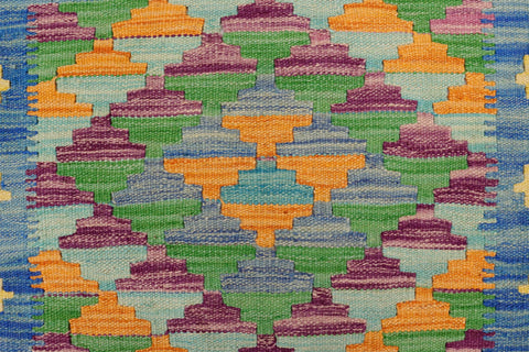 handmade Geometric Kilim Blue Gold Hand-Woven RECTANGLE 100% WOOL area rug 2' x 3'