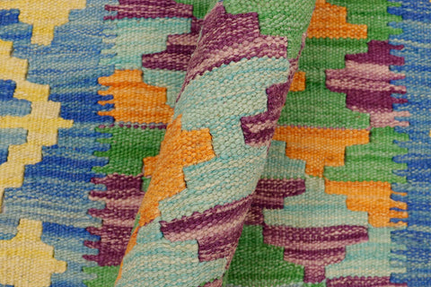 handmade Geometric Kilim Blue Gold Hand-Woven RECTANGLE 100% WOOL area rug 2' x 3'