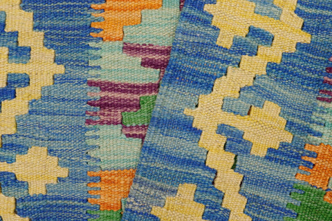 handmade Geometric Kilim Blue Gold Hand-Woven RECTANGLE 100% WOOL area rug 2' x 3'