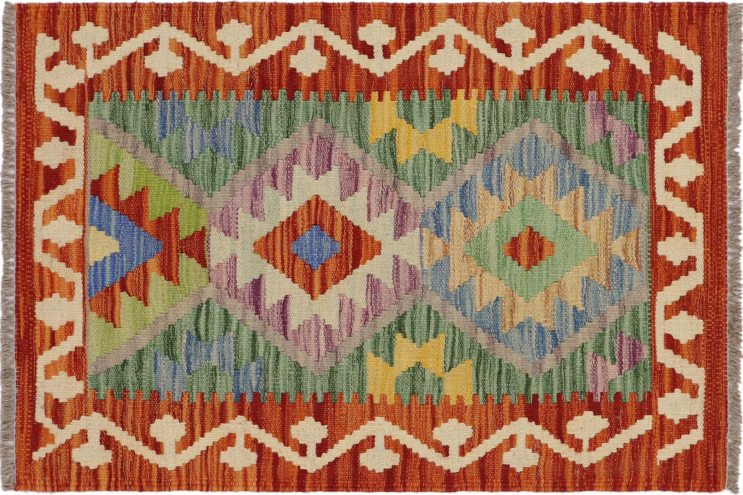 handmade Geometric Kilim Rust Gray Hand-Woven RECTANGLE 100% WOOL area rug 2' x 3'