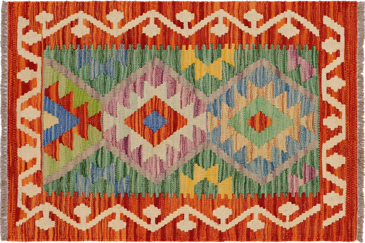 handmade Geometric Kilim Rust Gray Hand-Woven RECTANGLE 100% WOOL area rug 2' x 3'