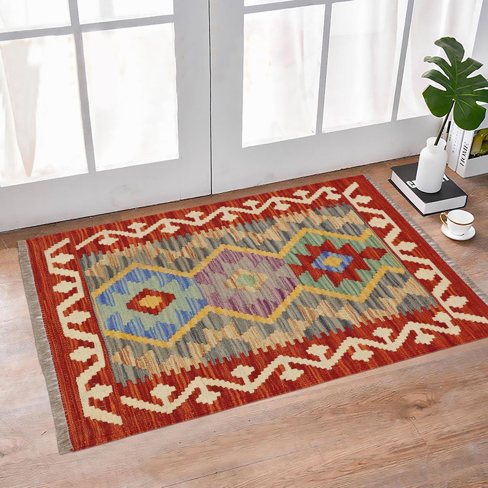 handmade Geometric Kilim Red Beige Hand-Woven RECTANGLE 100% WOOL area rug 2' x 3'