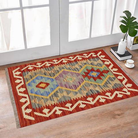 handmade Geometric Kilim Red Beige Hand-Woven RECTANGLE 100% WOOL area rug 2' x 3'