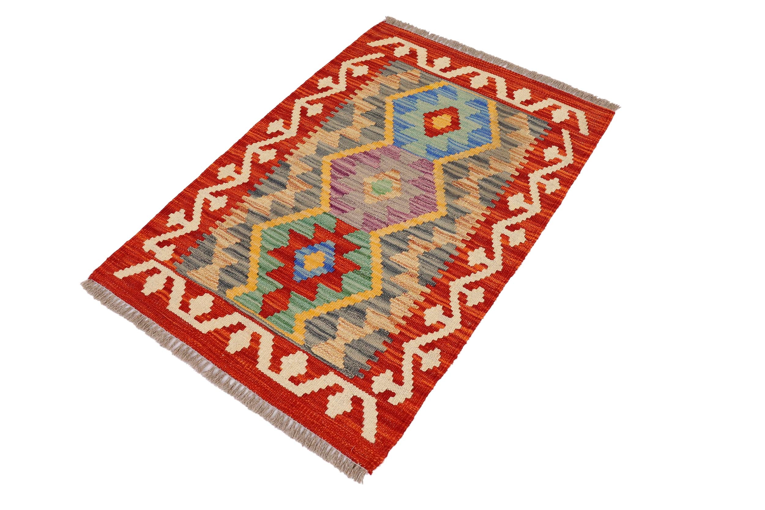 handmade Geometric Kilim Red Beige Hand-Woven RECTANGLE 100% WOOL area rug 2' x 3'