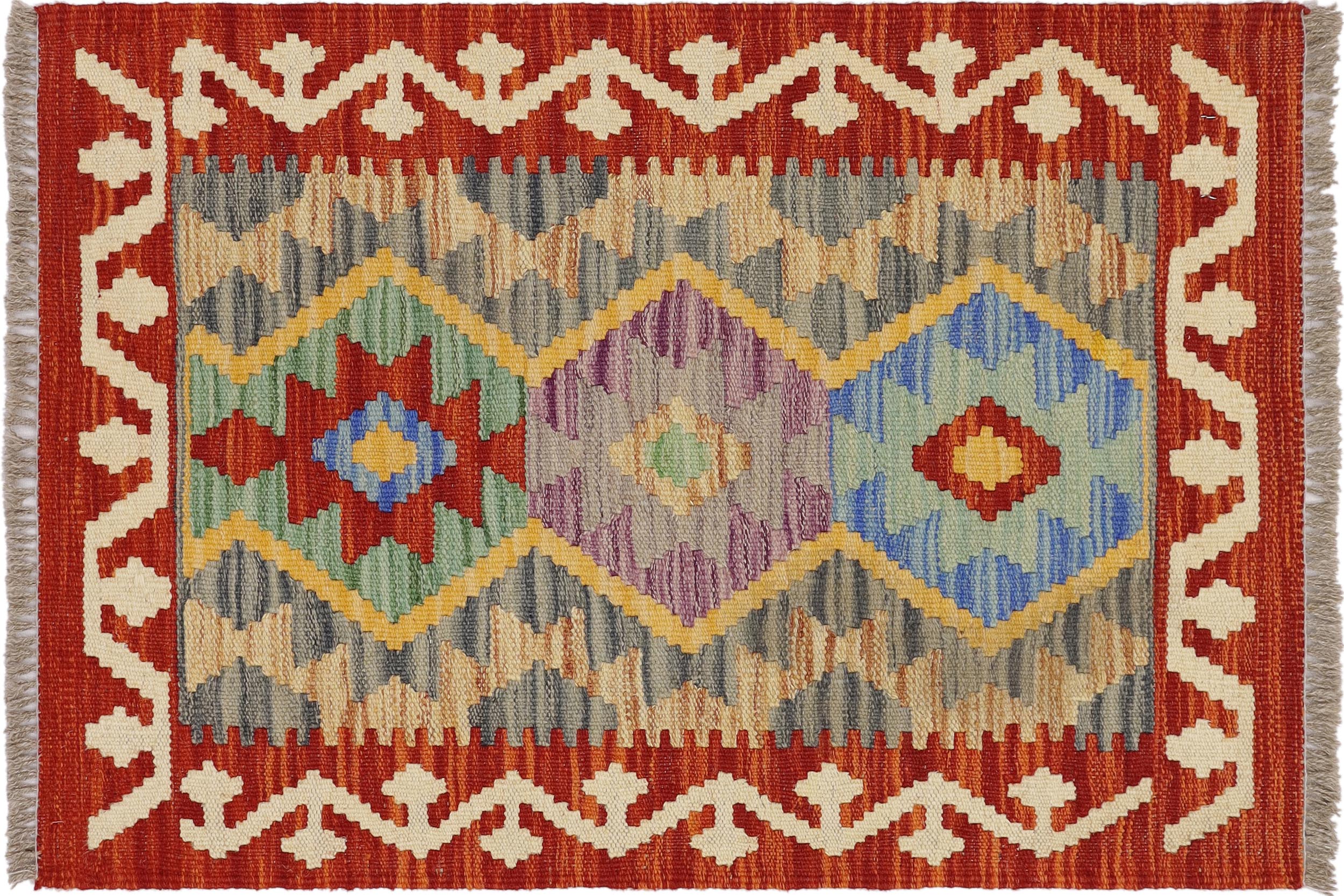 handmade Geometric Kilim Red Beige Hand-Woven RECTANGLE 100% WOOL area rug 2' x 3'
