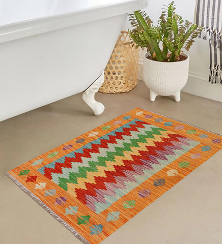 handmade Modern Kilim Rust Blue Hand-Woven RECTANGLE 100% WOOL area rug 2x3