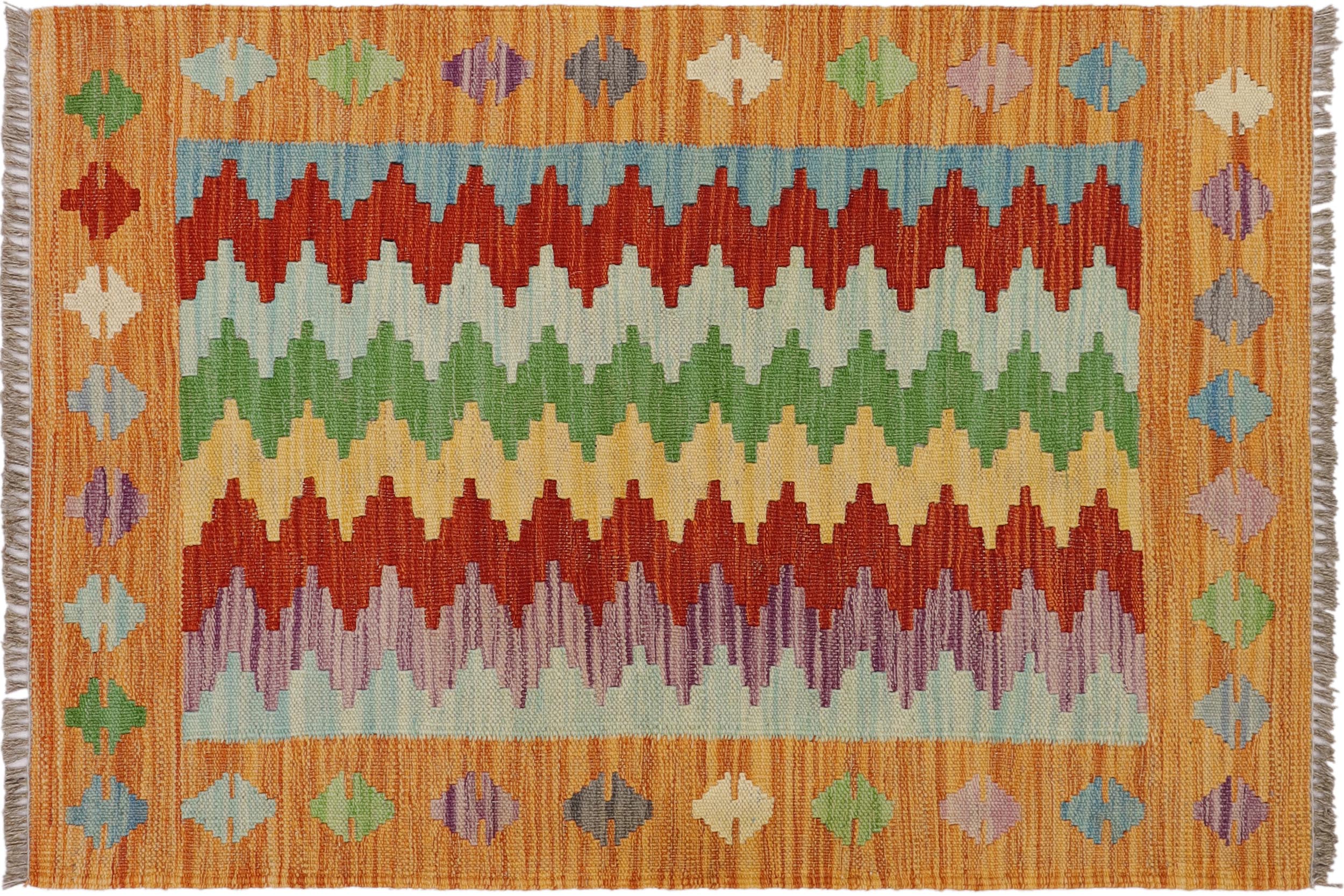 handmade Modern Kilim Rust Blue Hand-Woven RECTANGLE 100% WOOL area rug 2x3