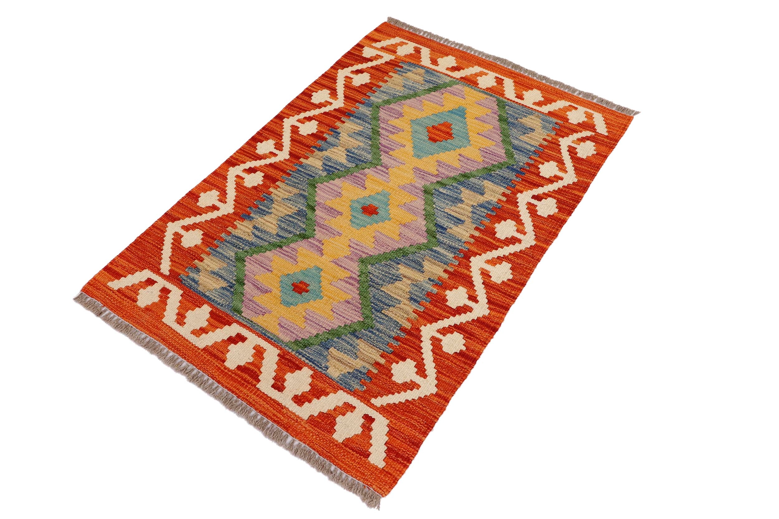 handmade Geometric Kilim Rust Beige Hand-Woven RECTANGLE 100% WOOL area rug 2' x 3'