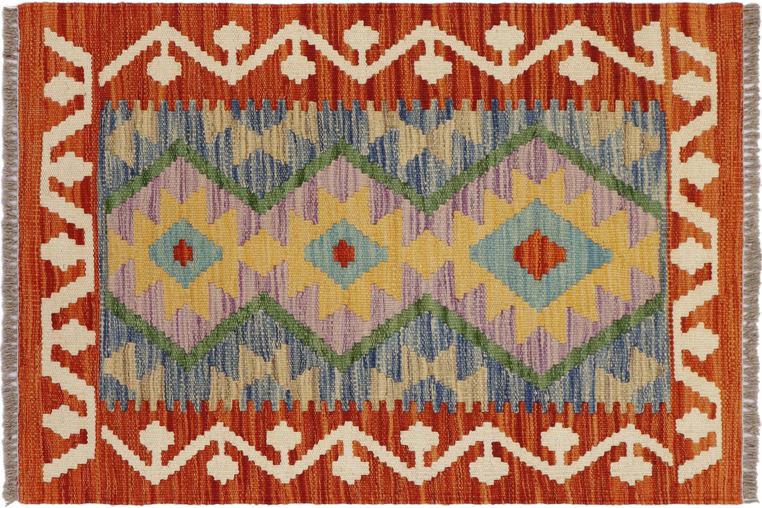 handmade Geometric Kilim Rust Beige Hand-Woven RECTANGLE 100% WOOL area rug 2' x 3'