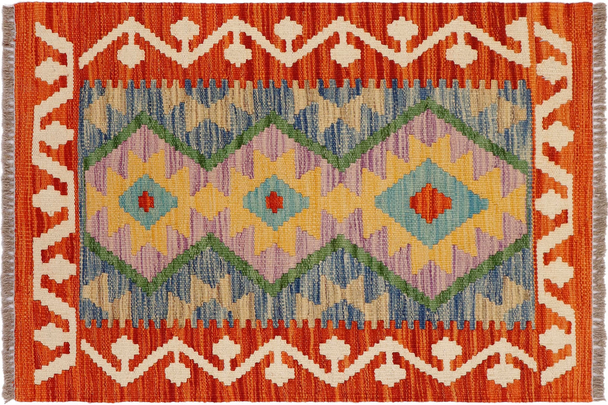 handmade Geometric Kilim Rust Beige Hand-Woven RECTANGLE 100% WOOL area rug 2' x 3'