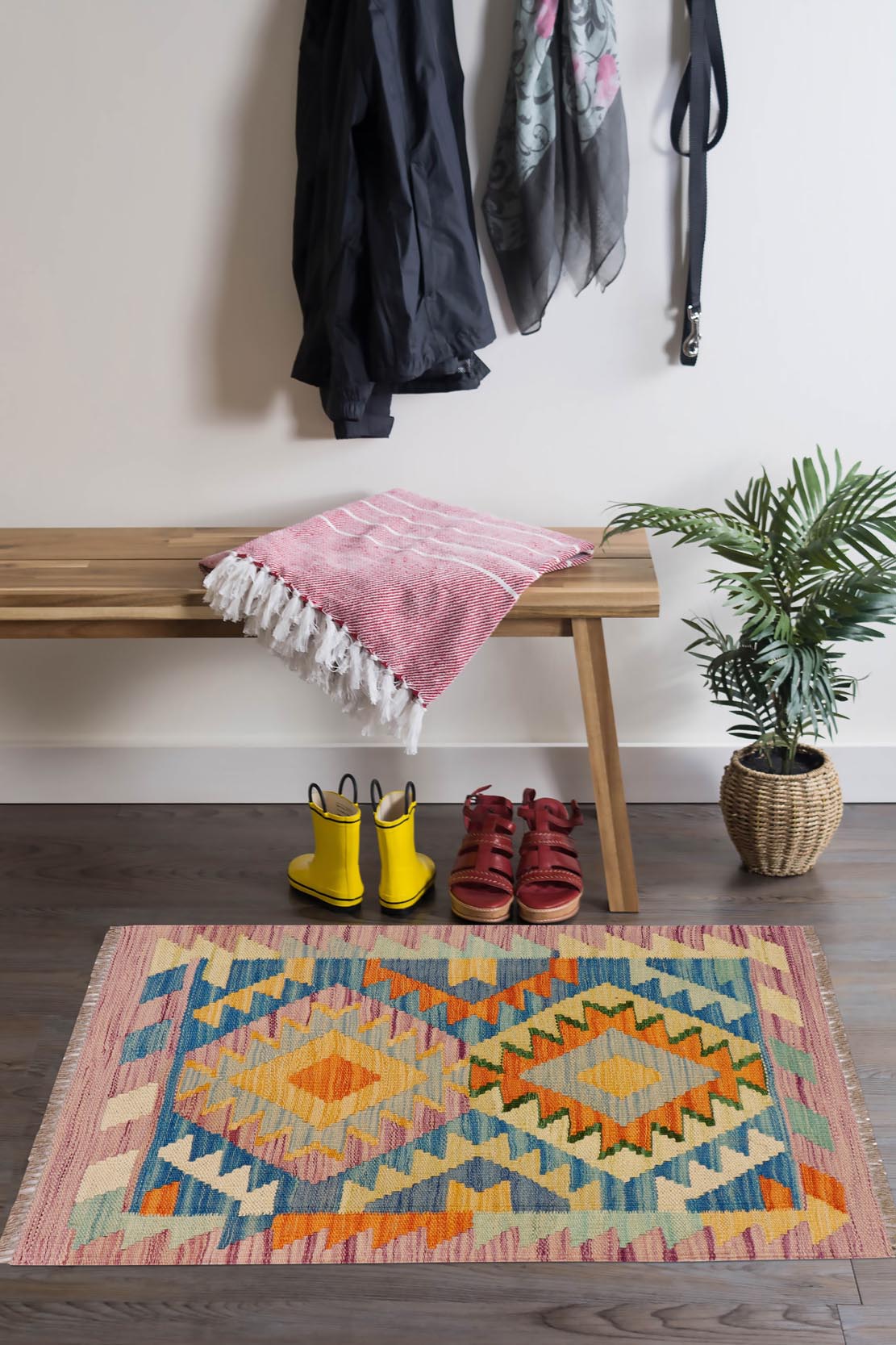 handmade Geometric Kilim Purple Beige Hand-Woven RECTANGLE 100% WOOL area rug 2' x 3'