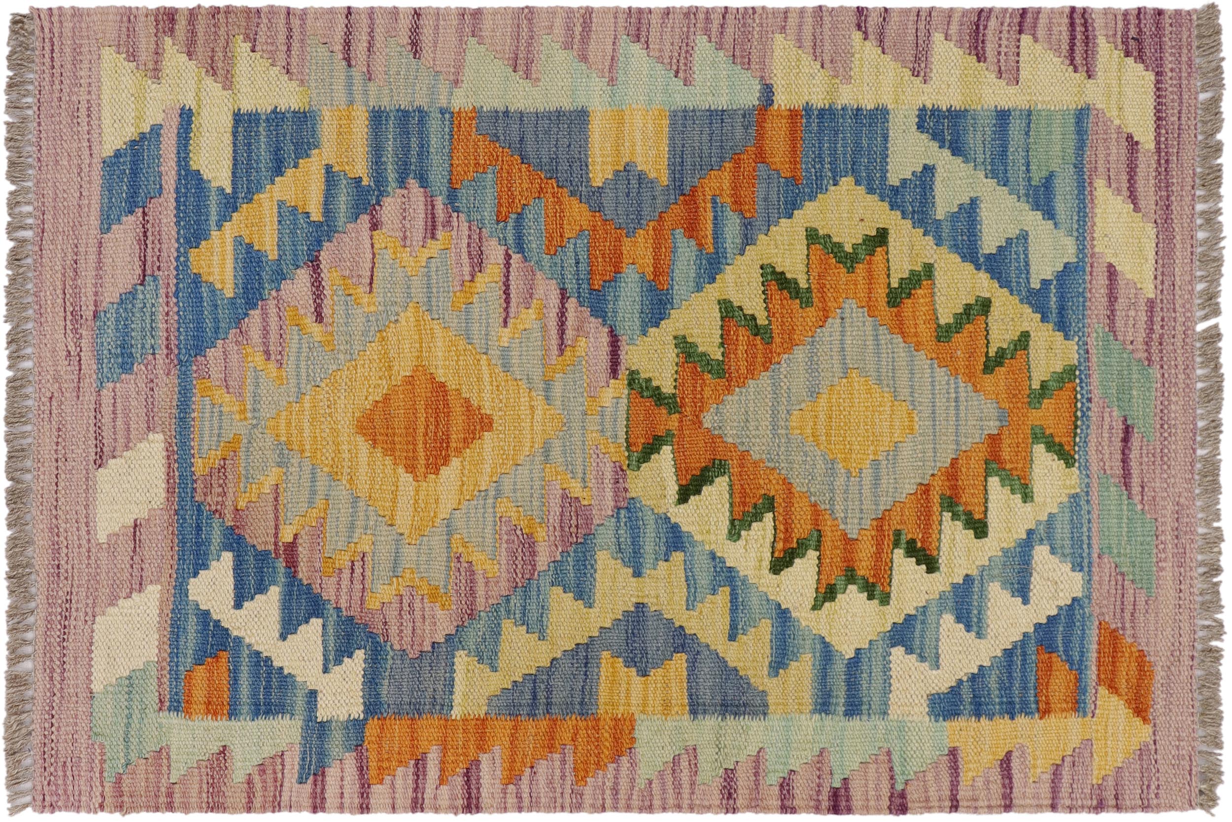 handmade Geometric Kilim Purple Beige Hand-Woven RECTANGLE 100% WOOL area rug 2' x 3'