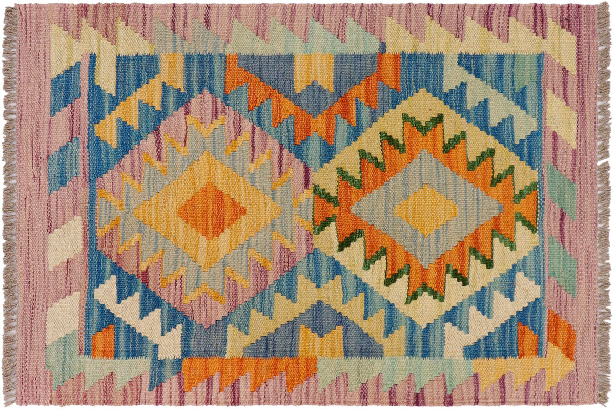 handmade Geometric Kilim Purple Beige Hand-Woven RECTANGLE 100% WOOL area rug 2' x 3'