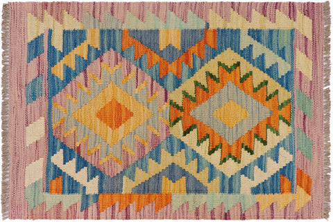 handmade Geometric Kilim Purple Beige Hand-Woven RECTANGLE 100% WOOL area rug 2' x 3'