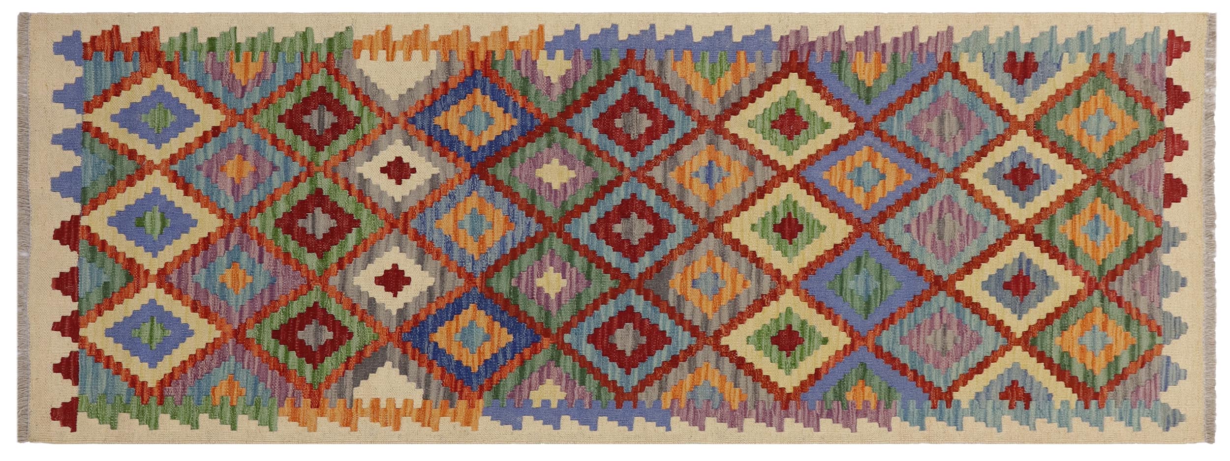 handmade Geometric Kilim Beige Blue Hand-Woven RUNNER 100% WOOL area rug 3 x 6