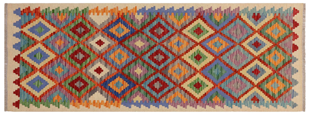 handmade Geometric Kilim Beige Blue Hand-Woven RUNNER 100% WOOL area rug 3 x 6