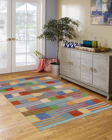 handmade Modern Kilim Blue Rust Hand-Woven RECTANGLE 100% WOOL area rug 4x6