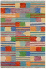 Flat Weave Kilim Antique Navaho Vintage handmade Modern Kilim Blue Rust Hand-Woven Rectangle 100% Wool Area Rug 4x6 