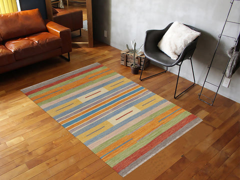 handmade Modern Kilim Blue Beige Hand-Woven RECTANGLE 100% WOOL area rug 4x6