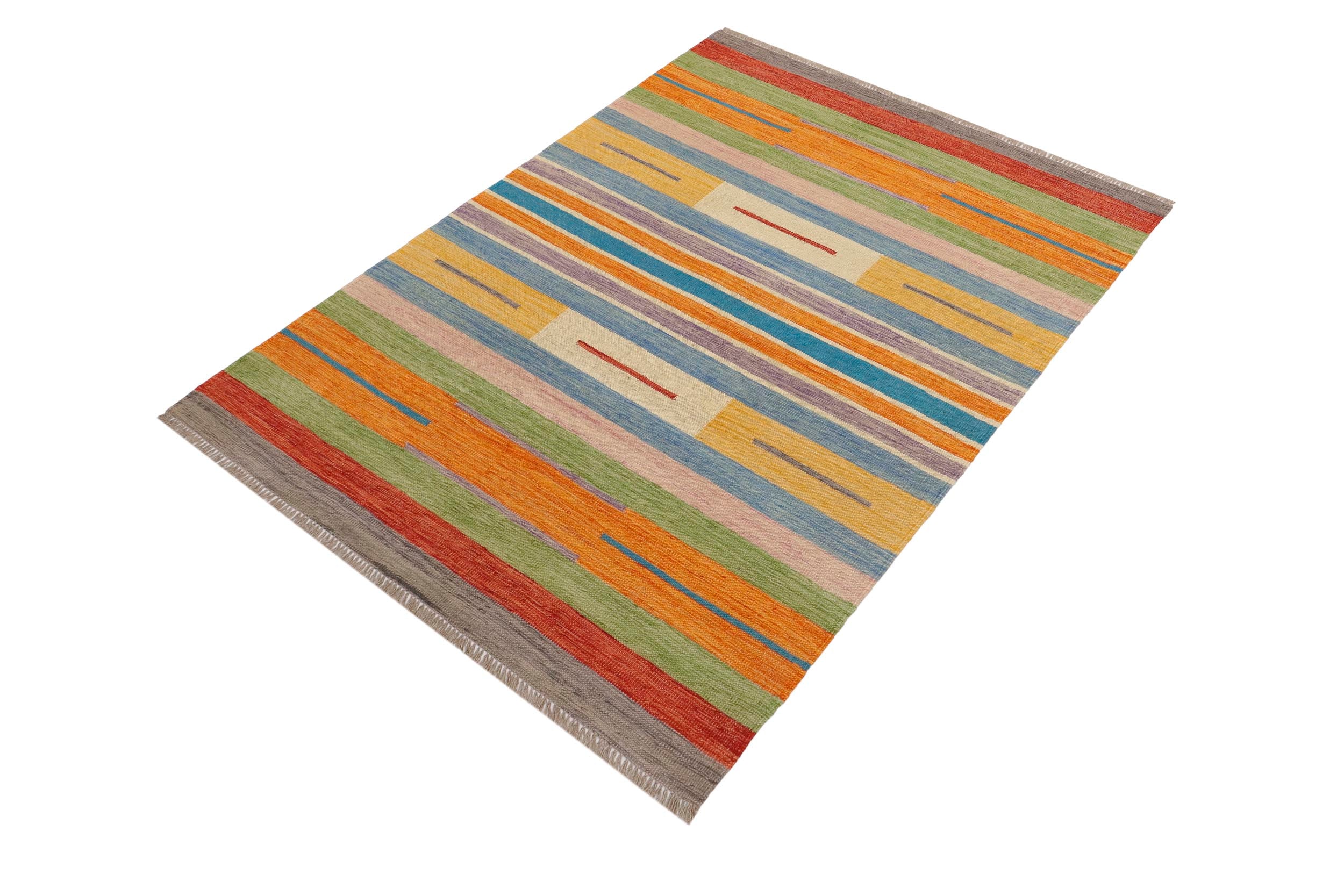 handmade Modern Kilim Blue Beige Hand-Woven RECTANGLE 100% WOOL area rug 4x6