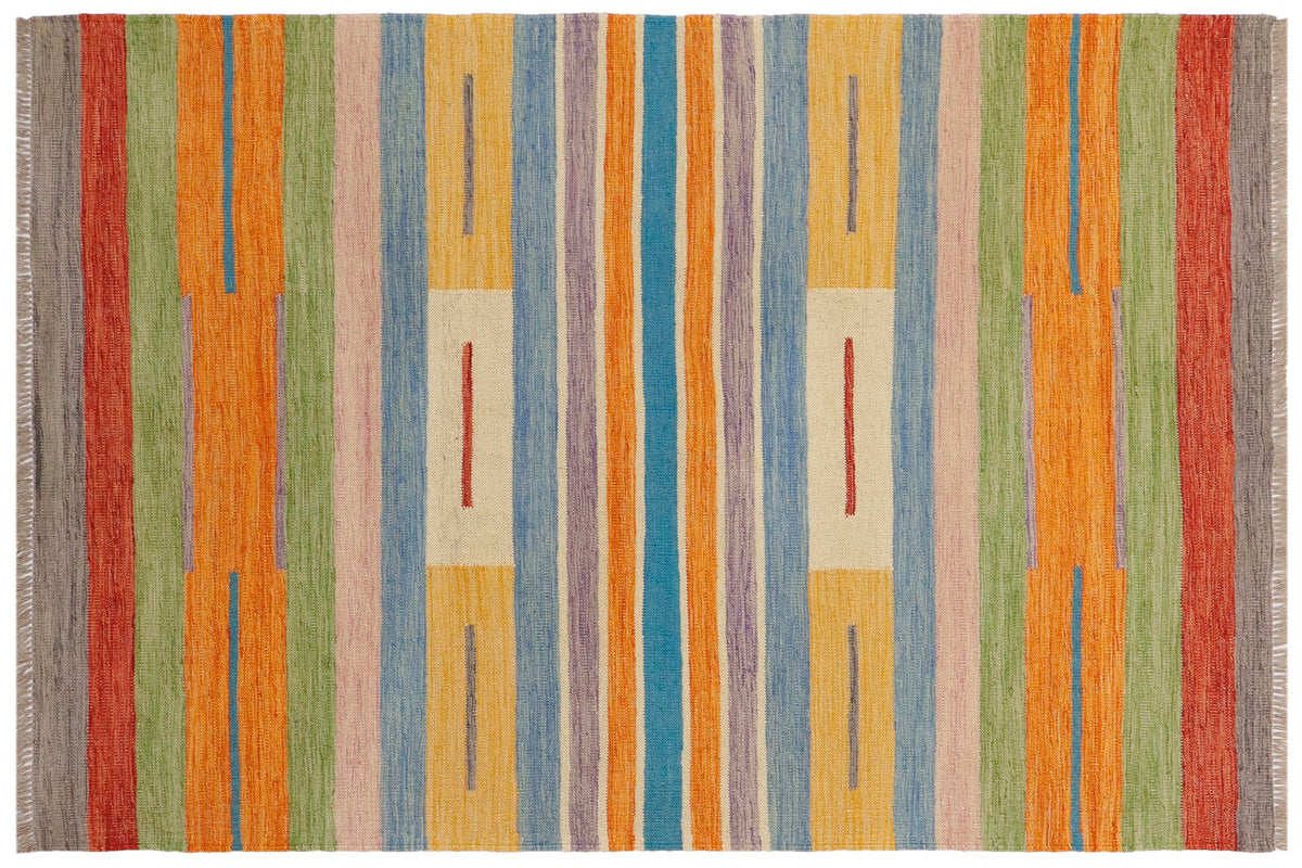 handmade Modern Kilim Blue Beige Hand-Woven RECTANGLE 100% WOOL area rug 4x6