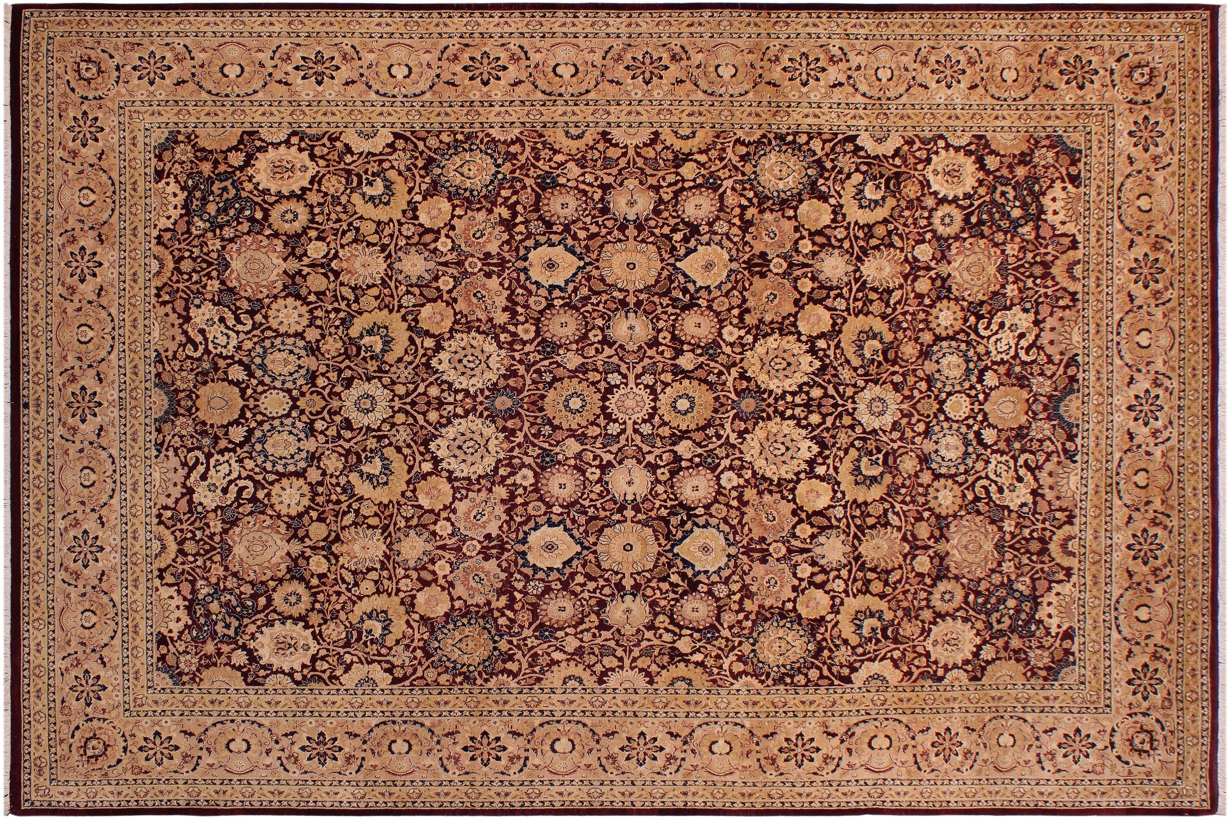 handmade Transitional Tabriz Maroon Tan Hand Knotted RECTANGLE 100% WOOL area rug 9x12