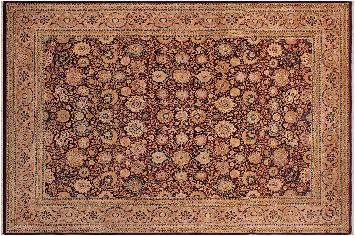handmade Transitional Tabriz Maroon Tan Hand Knotted RECTANGLE 100% WOOL area rug 9x12
