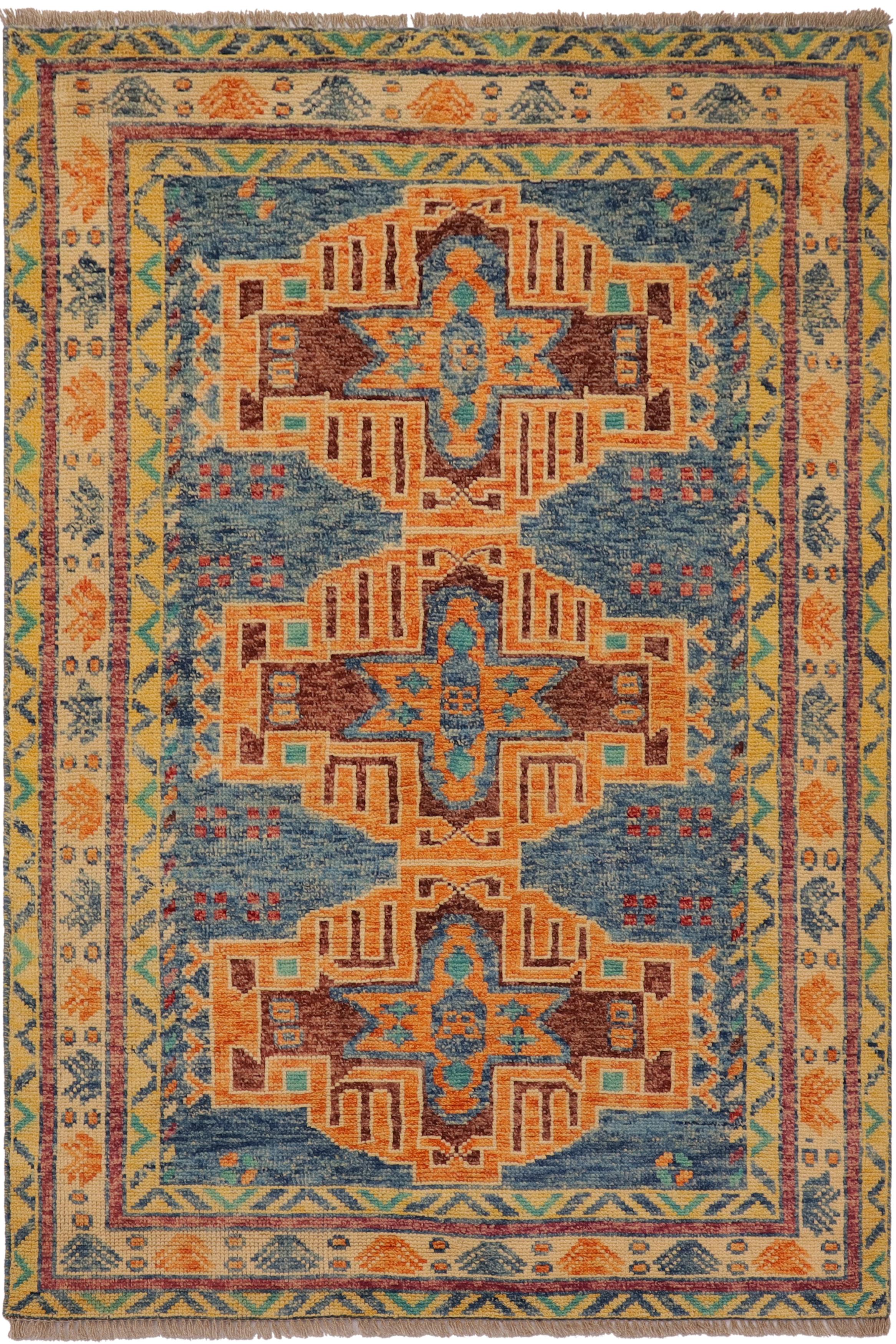 Rustic Balochi Carly Blue/Beige Wool Rug - 3'11''X6'0''