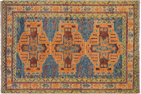 handmade Geometric Balouchi Blue Beige Hand Knotted RECTANGLE 100% WOOL area rug 4x6