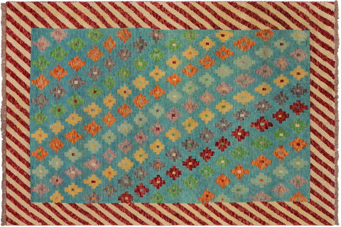 handmade Modern Balouchi Blue Beige Hand Knotted RECTANGLE 100% WOOL area rug 4x6