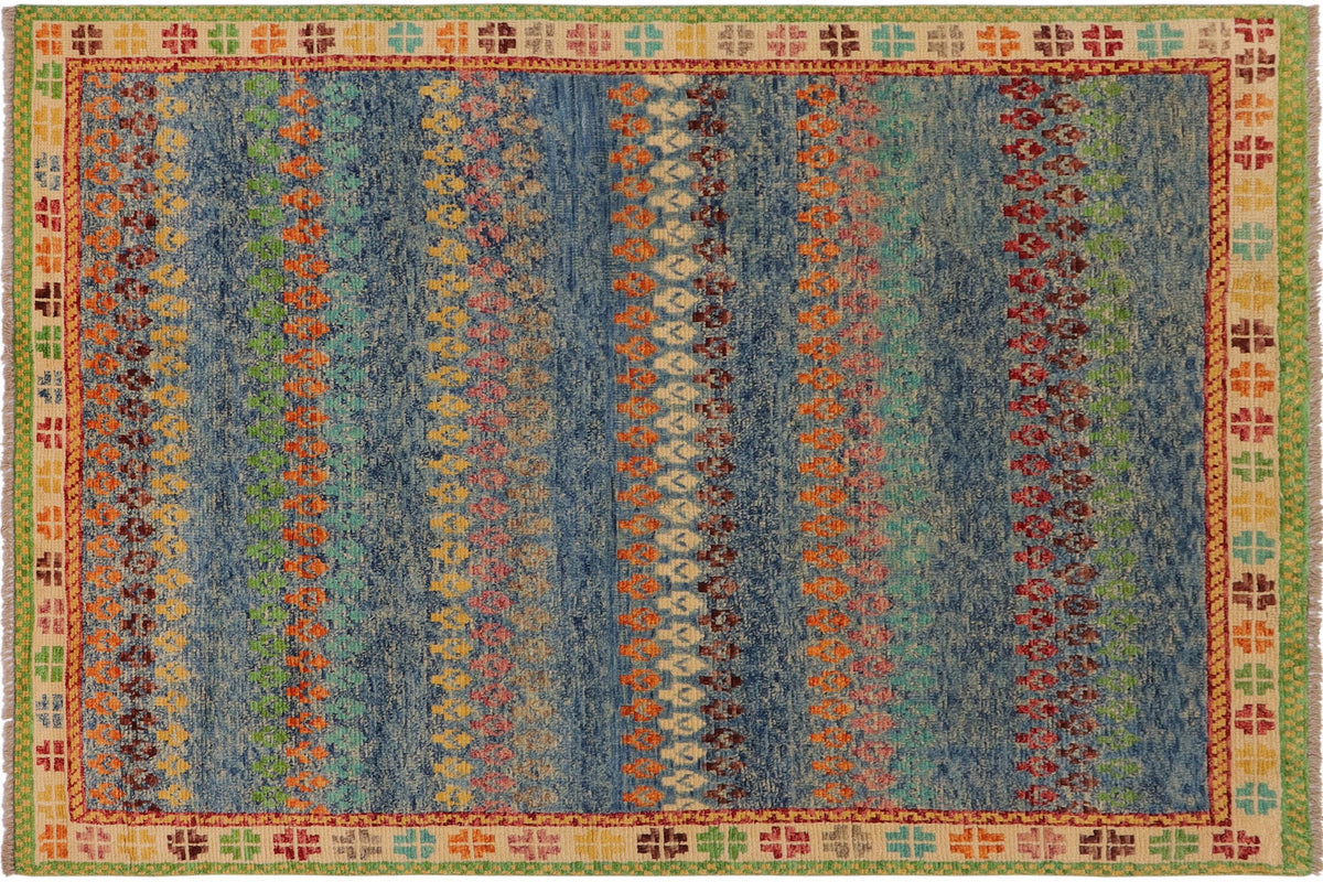handmade Modern Balouchi Blue Beige Hand Knotted RECTANGLE 100% WOOL area rug 5x7