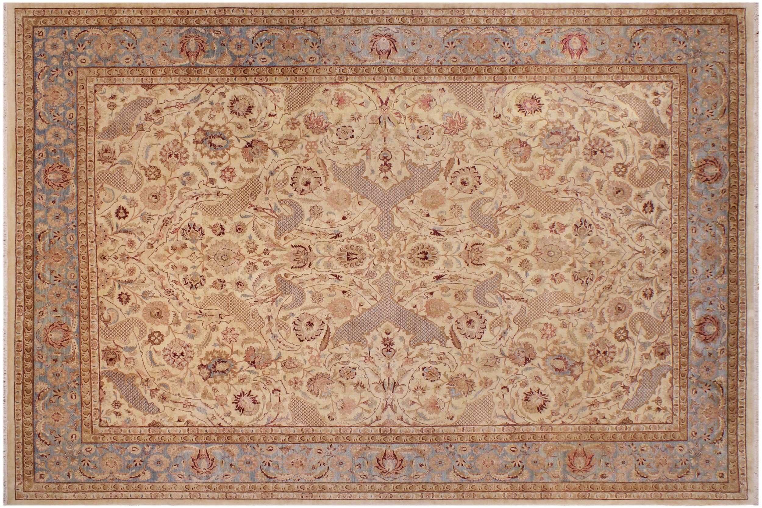 handmade Traditional Agra Ivory Lt. Blue Hand Knotted RECTANGLE 100% WOOL area rug 9 x 12