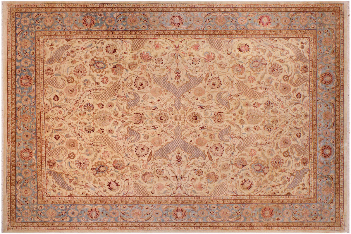 handmade Traditional Agra Ivory Lt. Blue Hand Knotted RECTANGLE 100% WOOL area rug 9 x 12