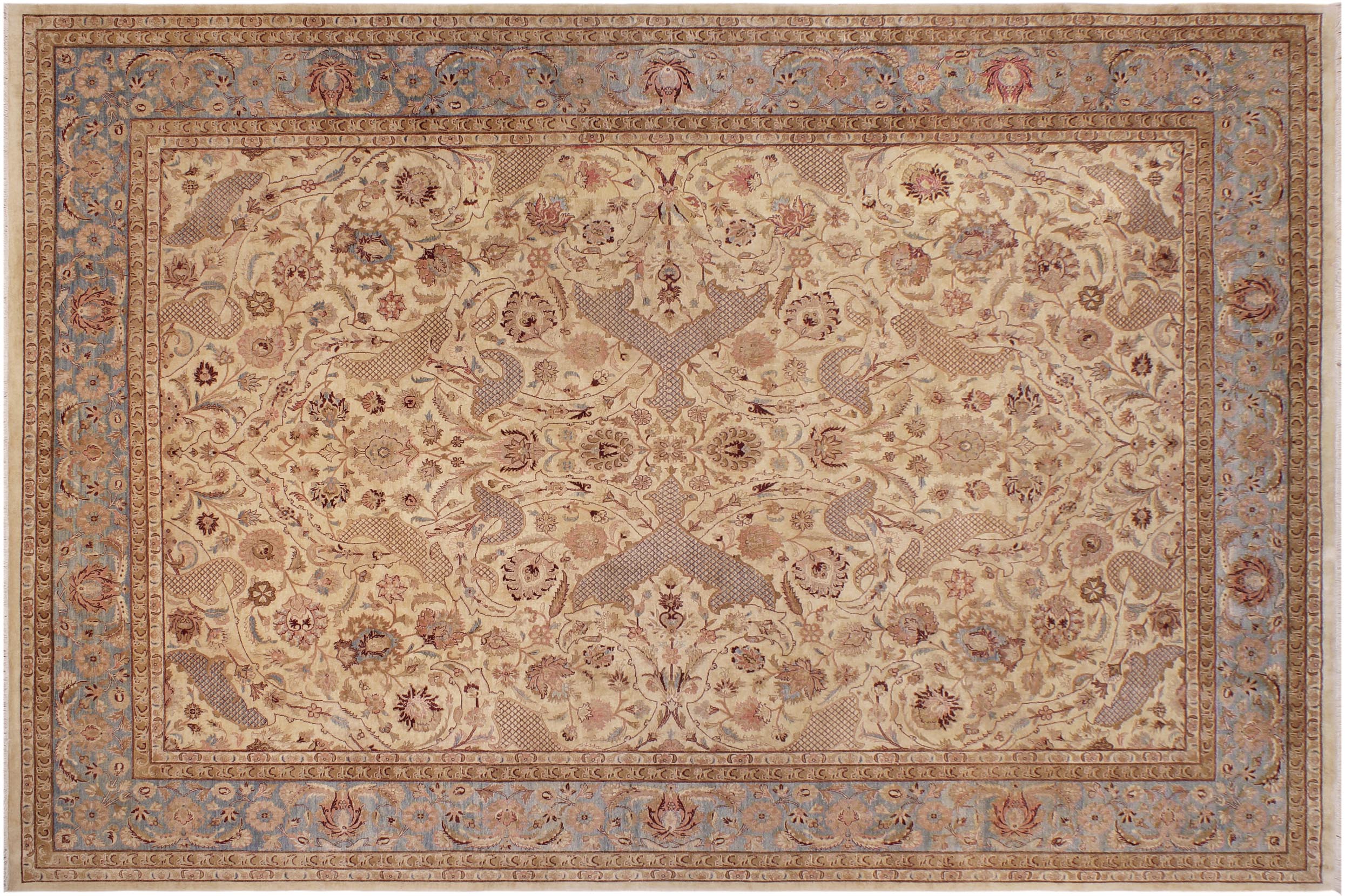handmade Traditional Agra Ivory Lt. Blue Hand Knotted RECTANGLE 100% WOOL area rug 9x12